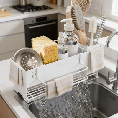 Organisateur de bac d'évier avec système de vidange automatique, éponge antirouille et porte-brosse pour un rangement de comptoir de cuisine peu encombrant