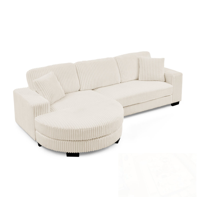L-Shaped Sectional Sofa With Pillows And Ottoman, Beige Corduroy