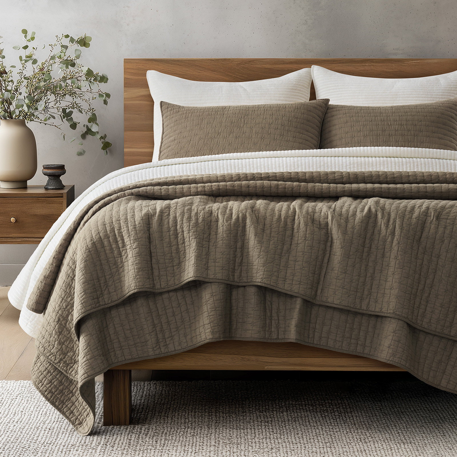 Cotton Quilt Set, King + 2 Shams, Mocha Brown