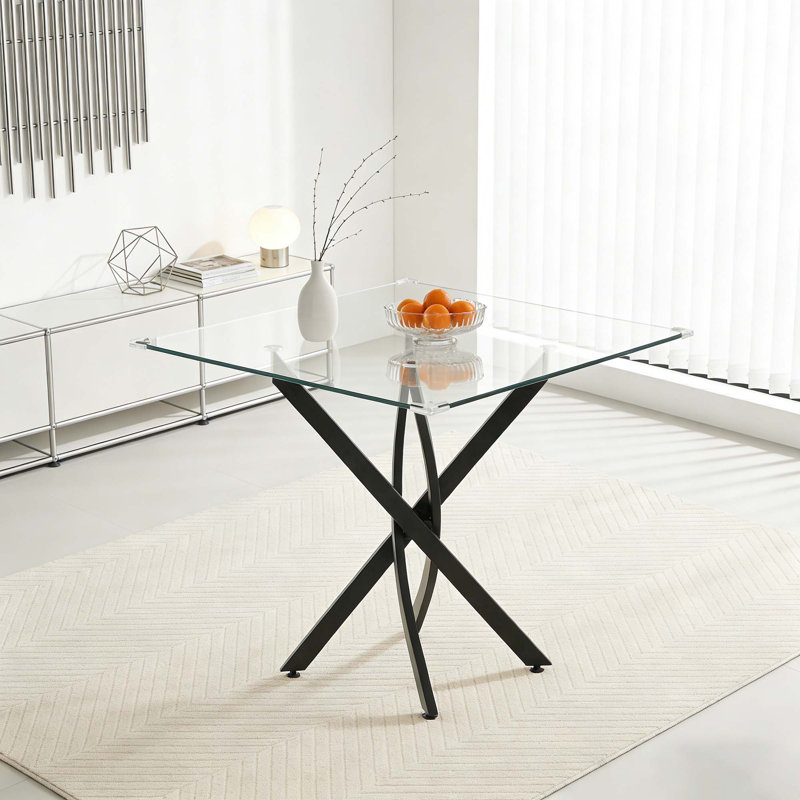 Brintney Contemporary Square Clear Dining Tempered Glass Table with Stainless Steel Legs,dinning table,dining room table