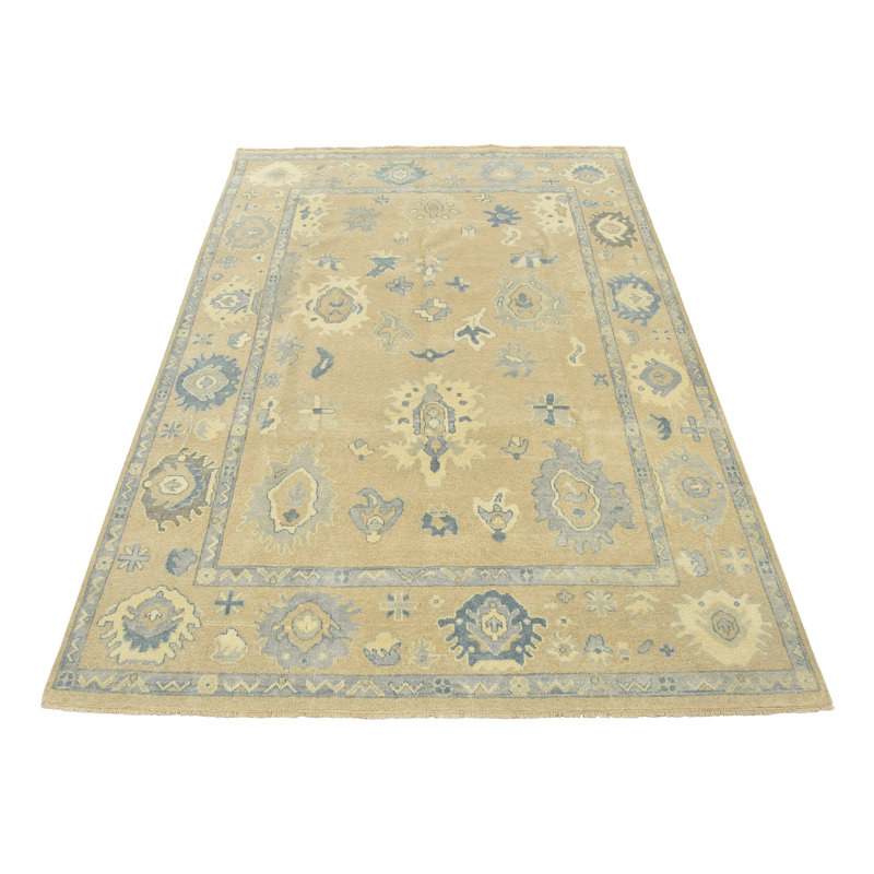 Tapis beige / bleu en laine noué à la main de conception unique 7 pi 8 po x 9 pi 10 po