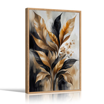 Grandes feuilles dorées et petites fleurs sur fond abstrait, tableau sur toile