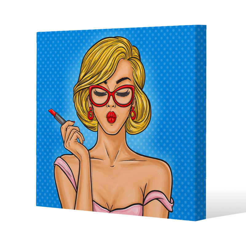 Pop art illustration woman paints her lips Slim Style Canvas Print, 15mm Slim Real wood., 40 cm H x 40 cm W
