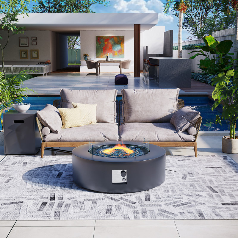 Elanie 40.5-Inch Round Iron Propane Outdoor Fire Pit Table with Tank Cover, Lid, Rain Cover and Wind Guard, Dark Gray