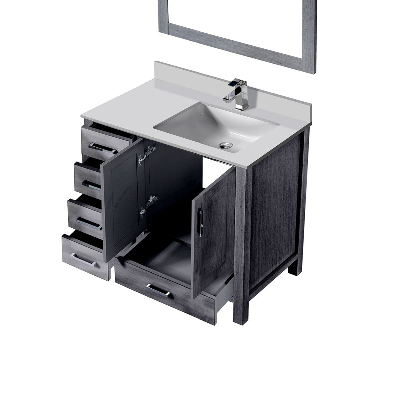 Meuble-lavabo de salle de bain 36 po X P 22 po D, dessus en quartz décalé à droite, ensemble de robinet et Miroirs