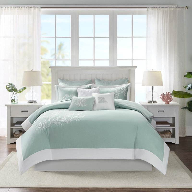 Housse de couette 100% coton - très grand / très grand avec broderie corail et literie à bordure