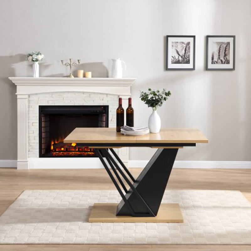 Table de salle à manger extensible, table rectangulaire géométrique moderne avec structure en métal robuste et base en panneau de fibres à densité moyenne, plateau de table réglable en bois pour la cuisine, la salle à manger et les espaces de bure