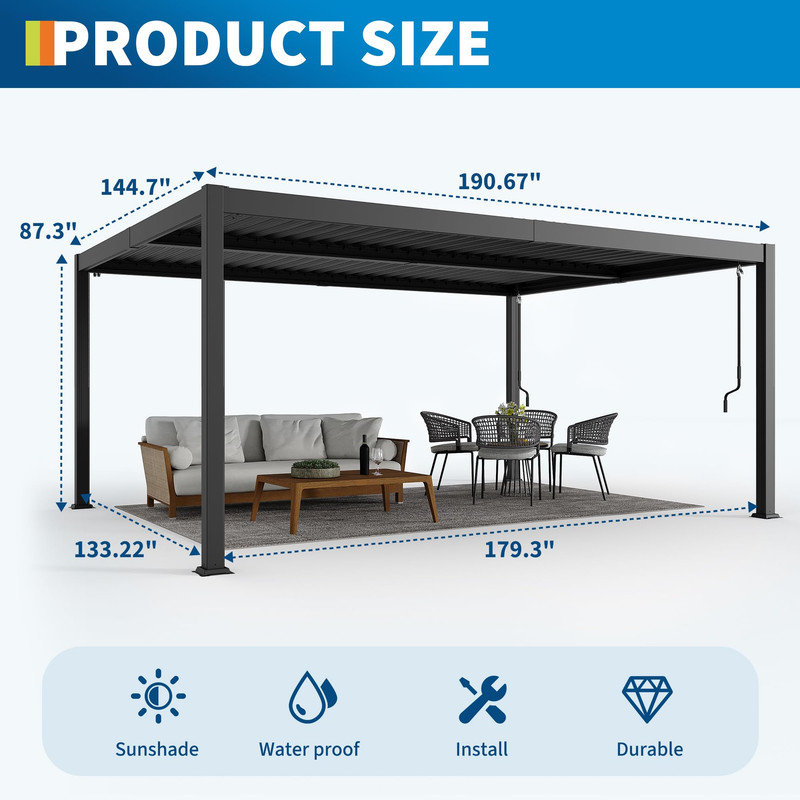 Pergola avec toit imperméable réglable indépendant, Pergola à persiennes 12 x 16 pour terrasse de jardin, Pergolas d'extérieur en aluminium avec plateau réglable