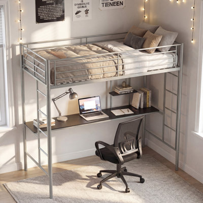 Single Size Loft Bed with Desk & Shelves Black