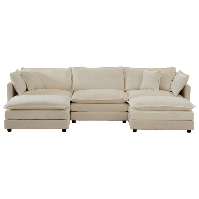 Structure modulaire en bois massif avec 3 repose-pieds et coussins décoratifs en chenille haute beige et assise rembourrée