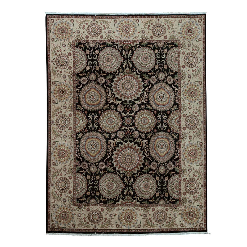 Tapis floral vert foncé / beige / ivoire en laine noué à la main 8 pi 9 po x 11 pi 9 po Floral
