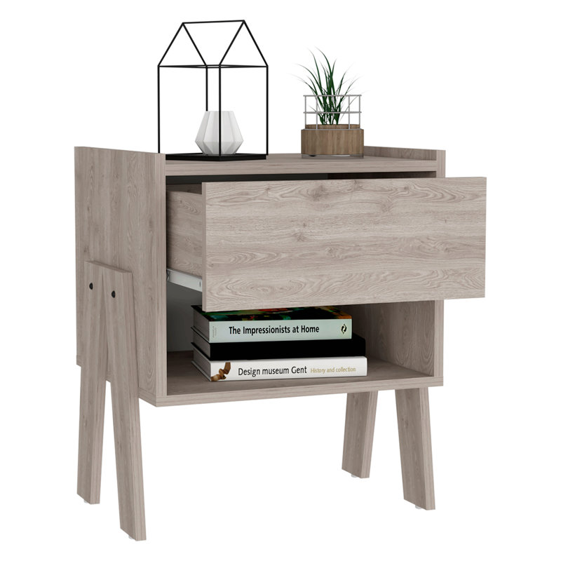 Table de chevet, tablette ouverte, un tiroir, finition gris clair