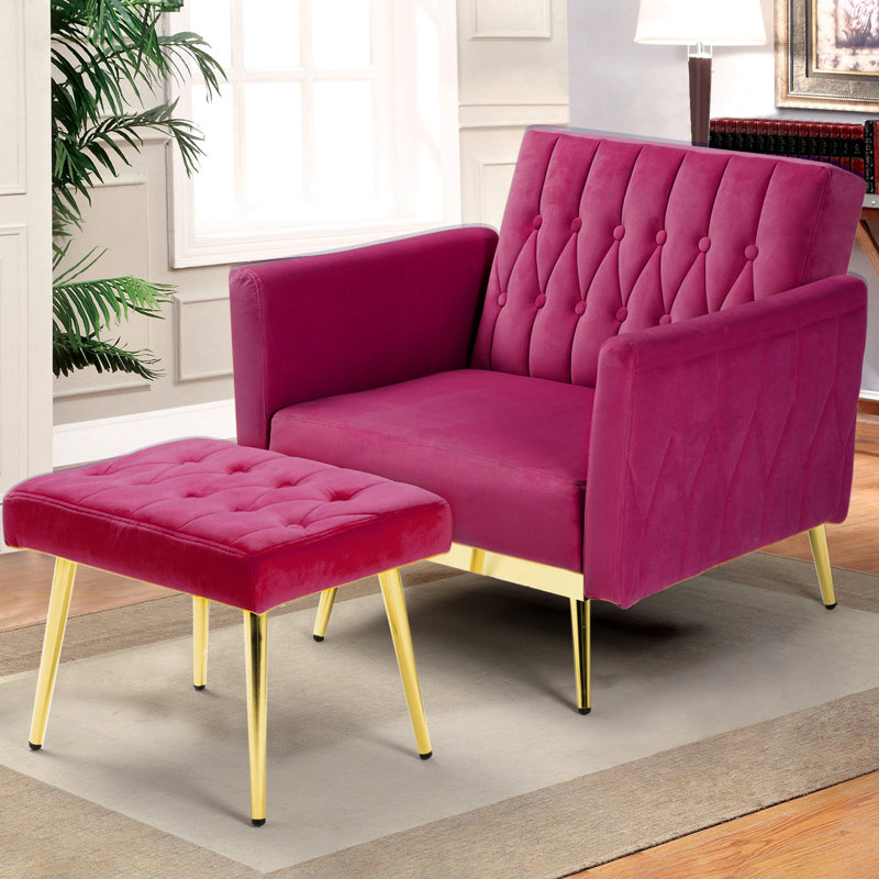 Siemon Velvet Accent Chair with Ottoman, Fuchsia Velvet