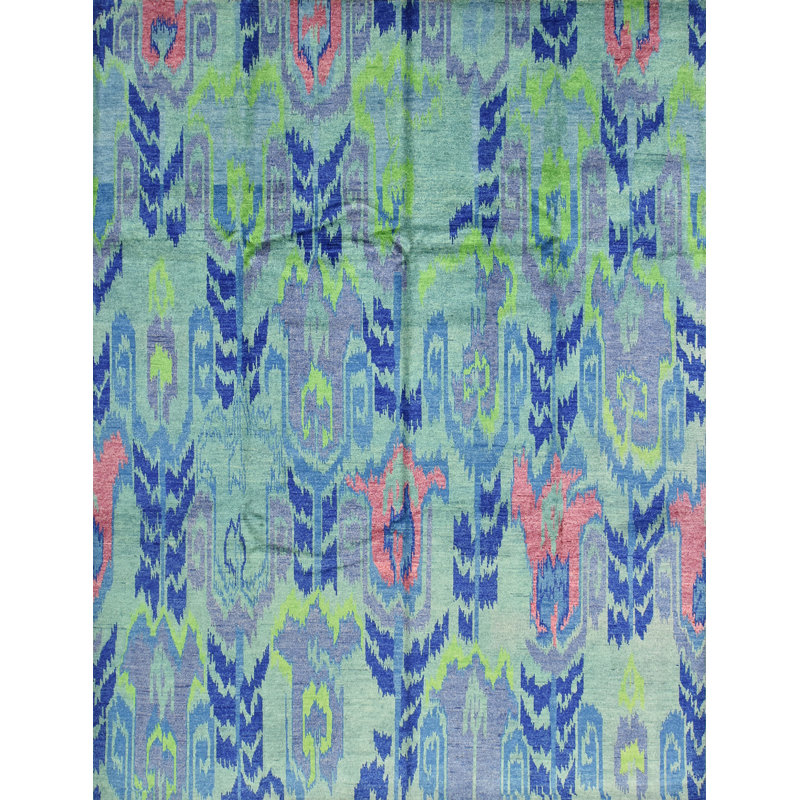 Tapis en laine noué à la main bleu / vert / rose Ikat