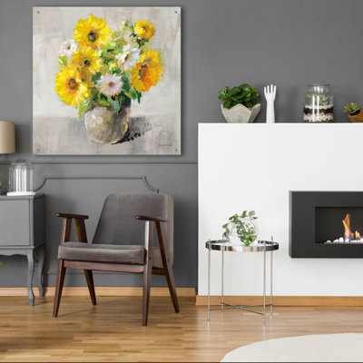 «Sunflower Still Life 1 On Grey» par Danhui Nai, art mural en verre acrylique
