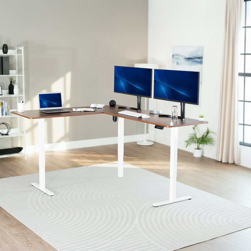 VIVO Electric Corner Desk, L-Shaped Workstation, Dark Walnut/White, 74.8" W x 63" D