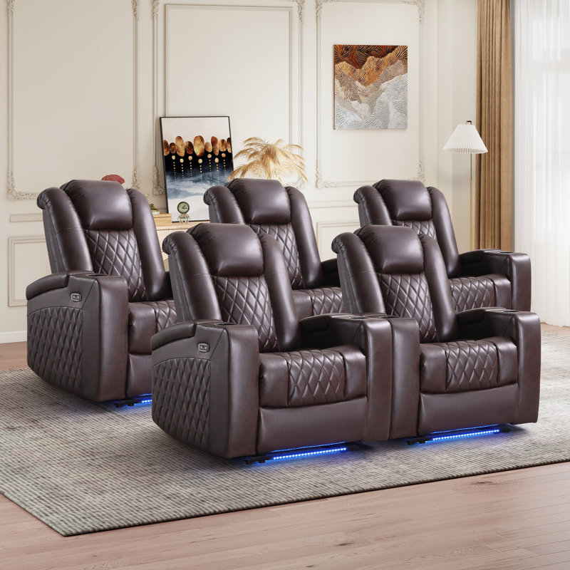 34.6" Wide Faux Leather Power Reclining Home Theater Seating Chair with Arm Storage&Dual Cup Holders&USB Charging Port&Ambient Lighting