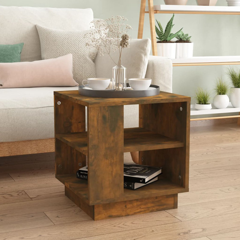 Table de bout en verre avec rangement, Chêne fumé, 15,7 po x 15,7 po x 16,9 po
