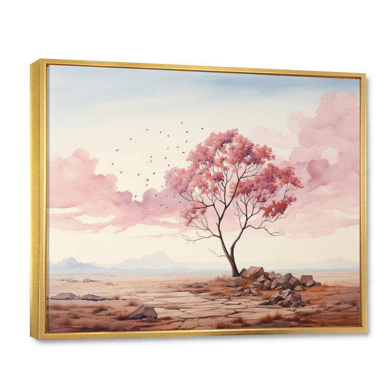 " Minimalism Pink Tree Solitude III ", 16" H x 32" W x 1" D, Gold Floater Framed