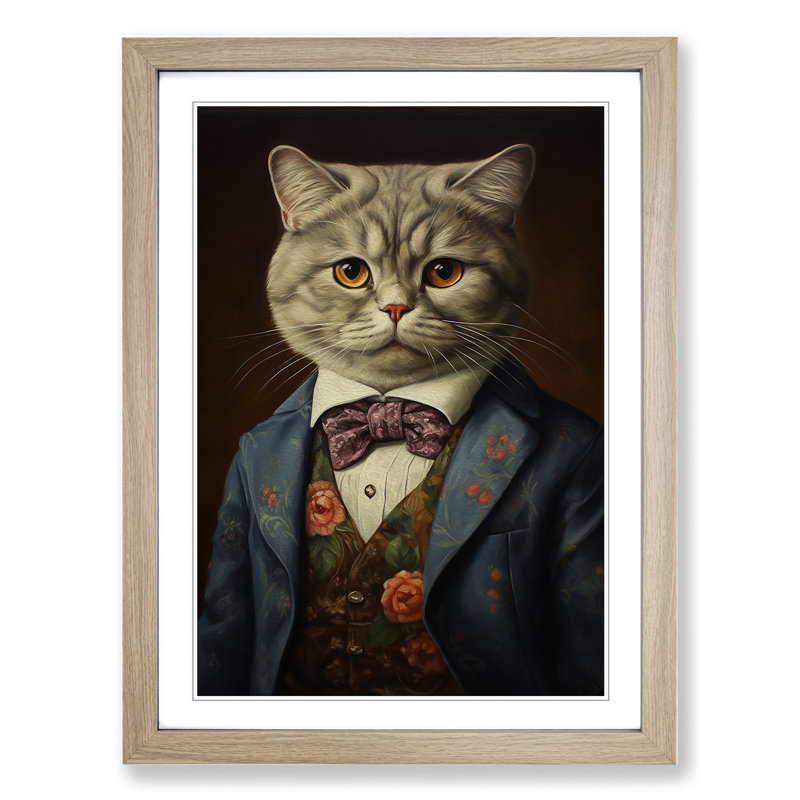 Cat In A Suit Painting No.3 - Single Picture Frame Print on Wood, 46cm H x 34cm W x 2cm D, Oak Framed