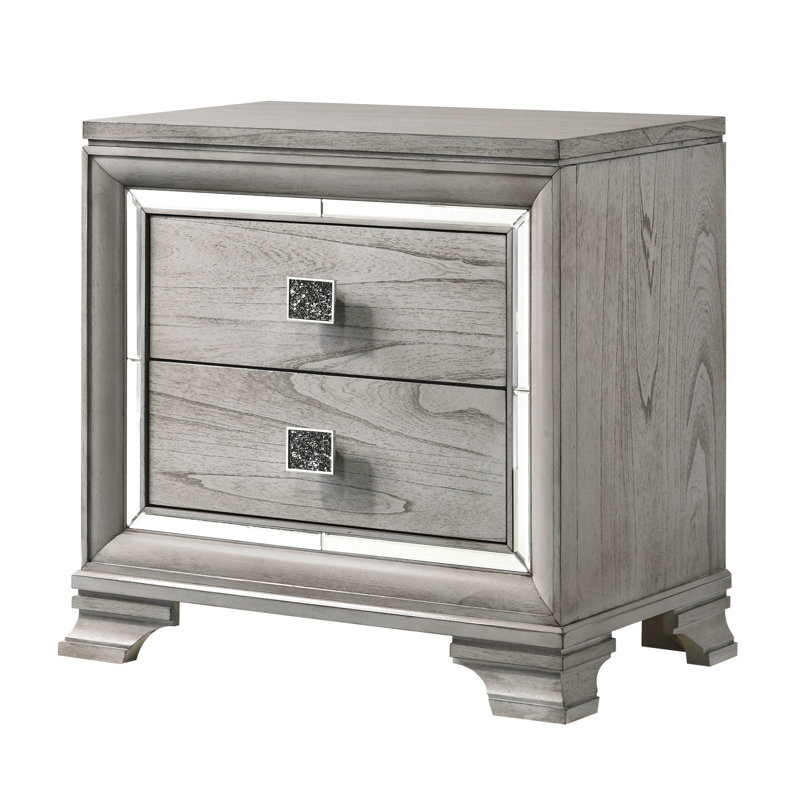Table de chevet en bois massif gris avec 2 tiroirs de rangement et 2 miroirs glamour - Precious
