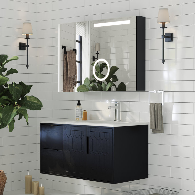 Modern LED Vanity Mirror Cabinet With Adjustable Lighting & Magnifying Mirror, 24" H x 35.8" W x 5.7" D
