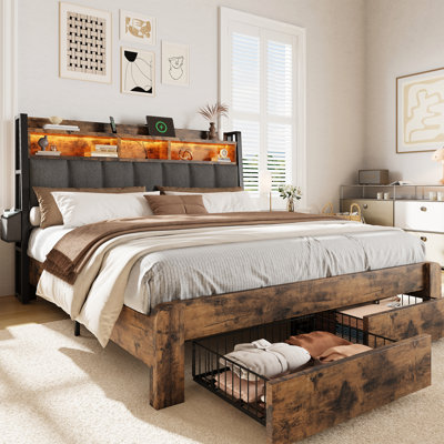 King Size Bed with 2 Storage Drawers & Upholstered Headboard, Platform Bed Frame with Led Lights & Charging Station, Rustic Brown