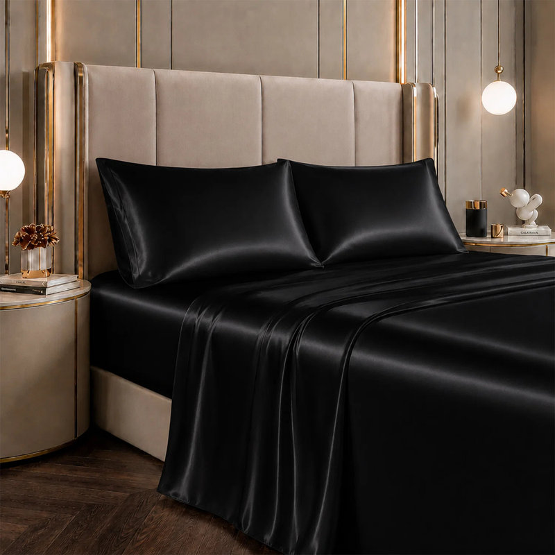 Ensemble de draps de chambre en satin de qualité supérieure (4 pièces), Très grand lit, Noir