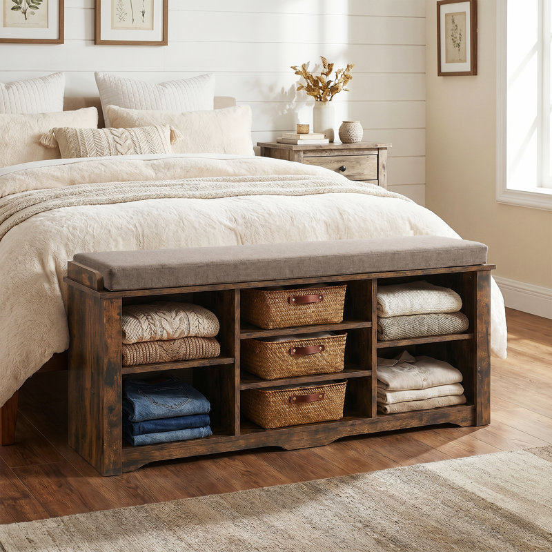 Banc de rangement pour chaussures 39,4 "avec coussin et tablettes réglables, Rustic Brown