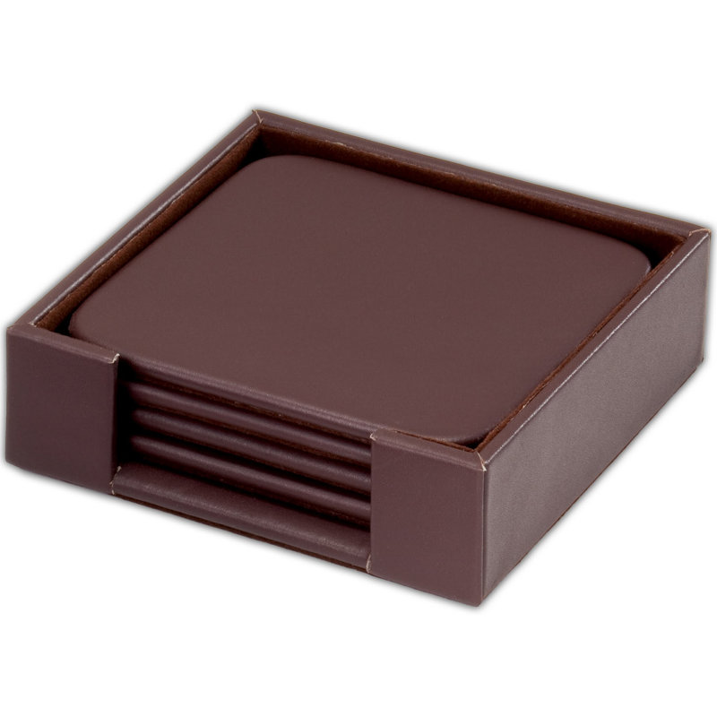 Chocolate Brown Leatherette Square Coaster Set with Holder