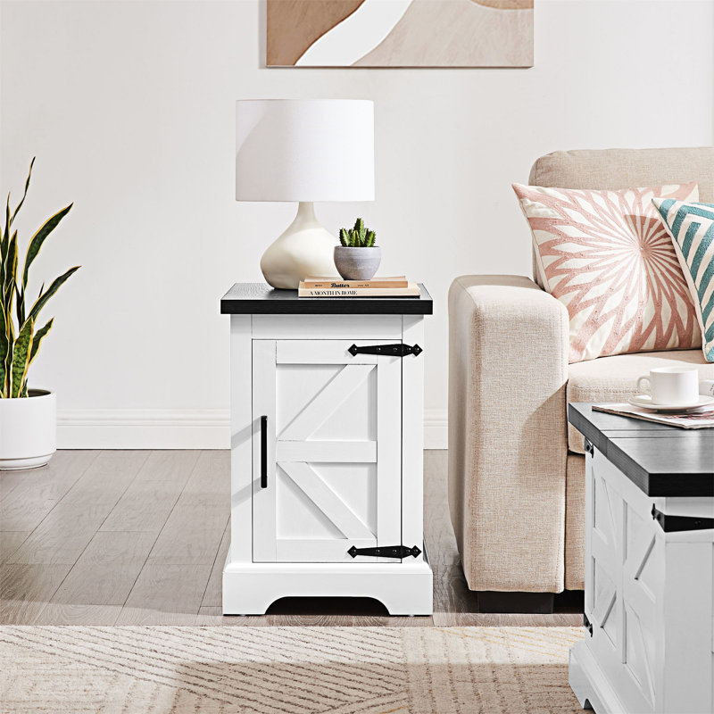 Table d'appoint pour canapé avec porte de grange et tablette de rangement réglable, Blanc