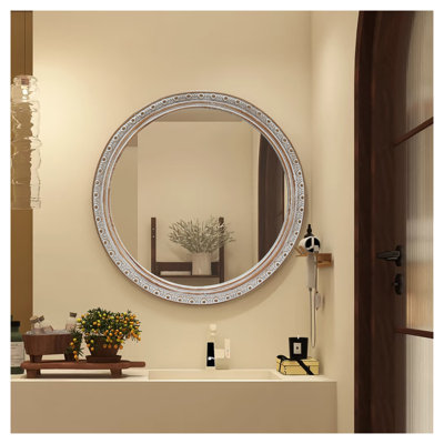 Miroir mural rond 23,62 po - Finition argent vieilli et blanc antique
