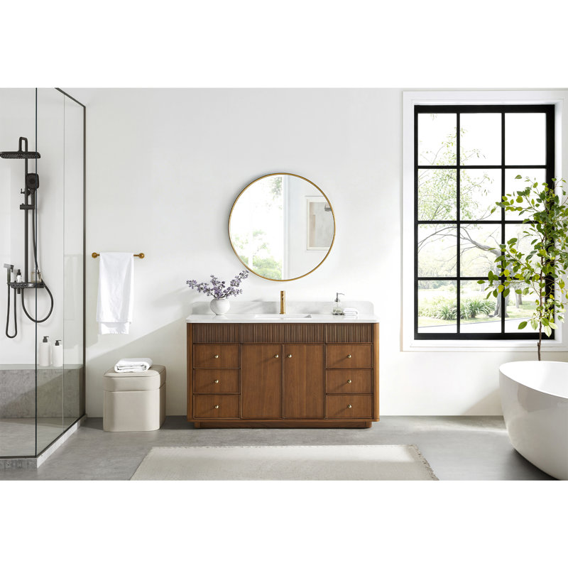 Ensemble de meuble-lavabo simple 60 po en noyer naturel avec plateau en pierre composite Taren, Noyer naturel