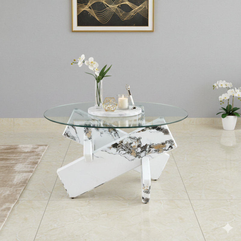 Round Glass Coffee Table, 33.4" Diameter Modern Unique Design, Tempered Glass Top With White Patterned MDF Legs, Suitable For Living And Dining Rooms