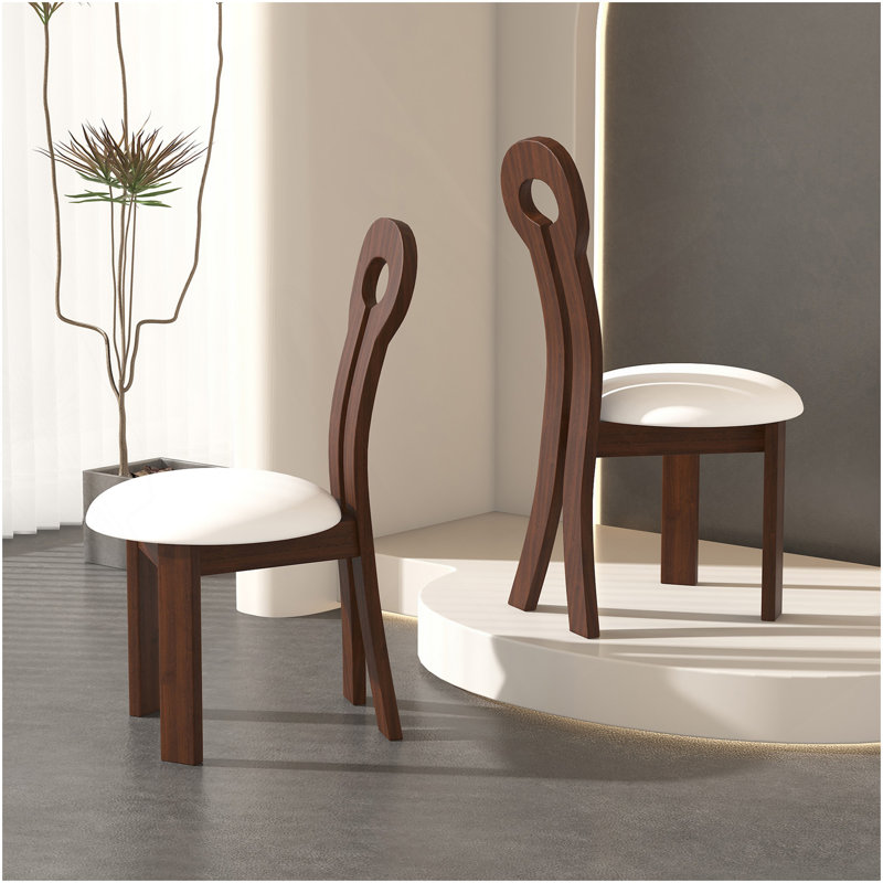 Ensemble de 2 chaises de salle à manger, chaises de maison en cuir synthétique avec coussin rond blanc pour salle à manger - noyer foncé