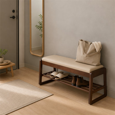 Banc de rangement pour chaussures en bois de 39,37 pouces avec compartiment caché à dessus relevable, structure en bois massif et coussin en cuir, range-chaussures dans la chambre d'entrée