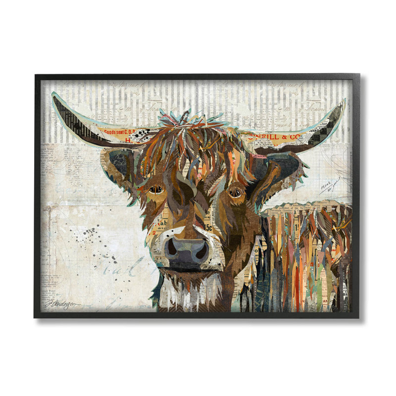 Highland, bovin, vache, collage, portrait, estampe numérique, art mural texturé par Traci Anderson_aq-422