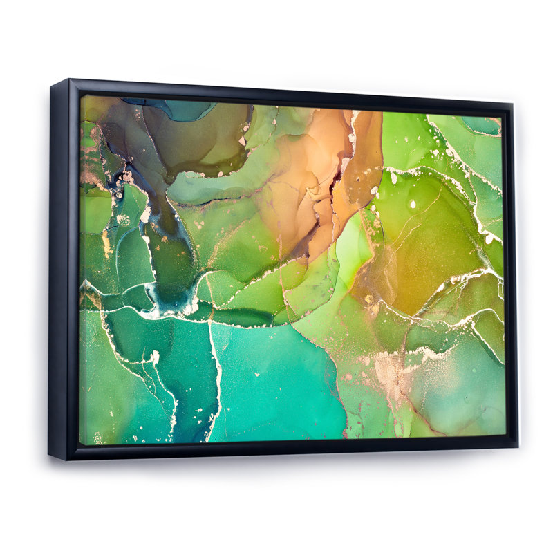 Marbre abstrait vert et turquoise - reproduction sur toile, H 12 po x l 20 po, Cadre flottant noir