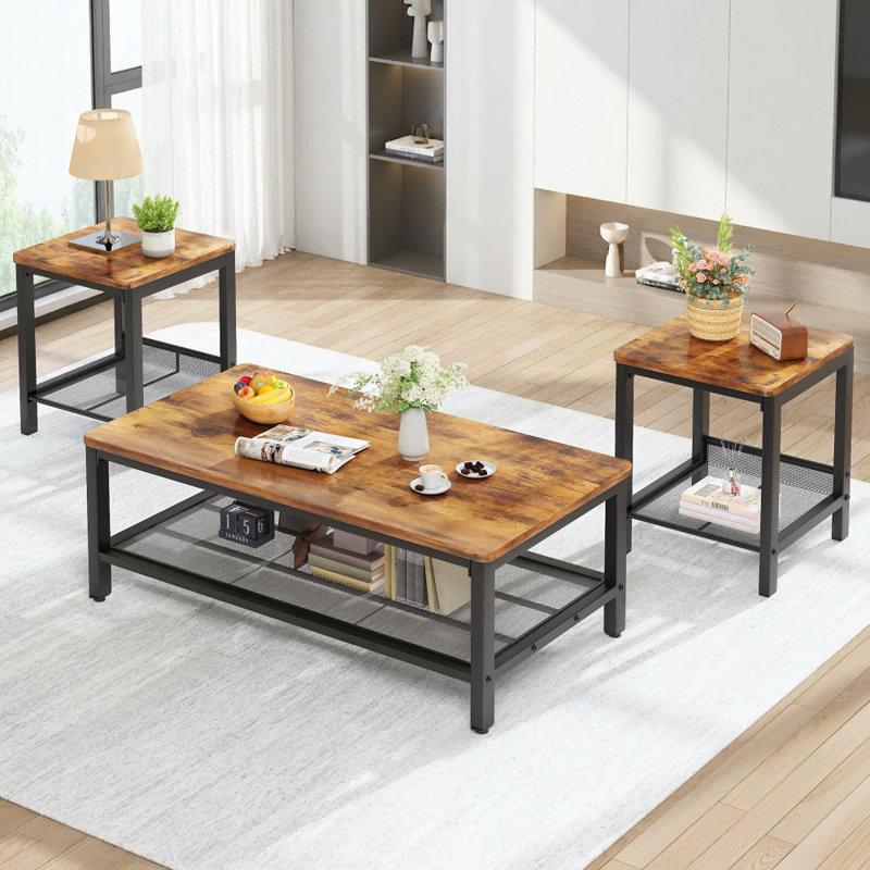 Ensemble de table de salon, ensemble de table de salon coulissant, table de salon avec tablette de rangement en métal et table d'appoint, table basse de salon moderne, table basse de 41 pouces, mobilier de maison adapté au salon - brun