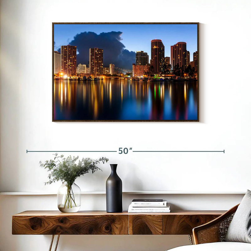 Honolulu Nightscape, 37 po x 25 po, Cadre flottant noyer