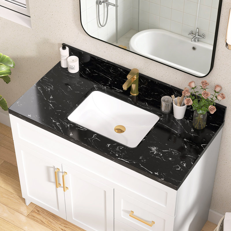 Évier de salle de bain 42 po x l 22 po en pierre reconstituée avec comptoir simple et comptoir en céramique Dosseret en H et trou de robinet pré-percé simple