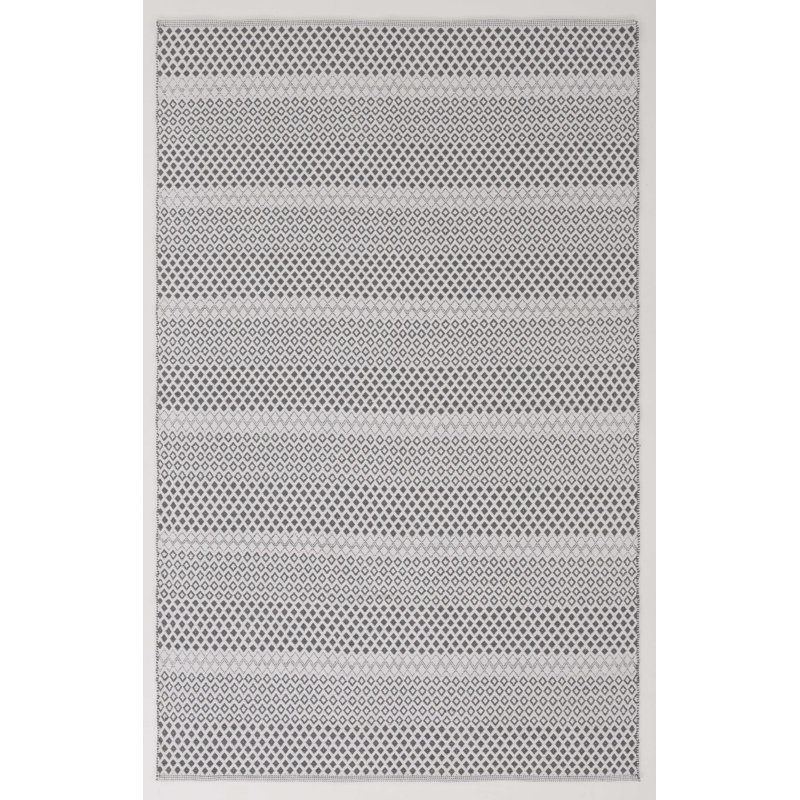 Tapis géométrique beige / gris en coton tissé à plat à la main, Rectangle 5 pi x 8 pi
