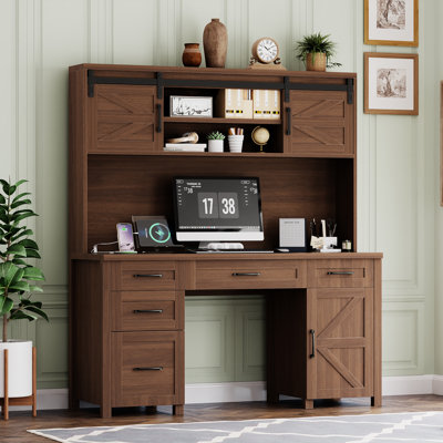Bureau de direction Sutton Farmhouse avec huche, station de charge, 2 portes de grange coulissantes et 5 tiroirs