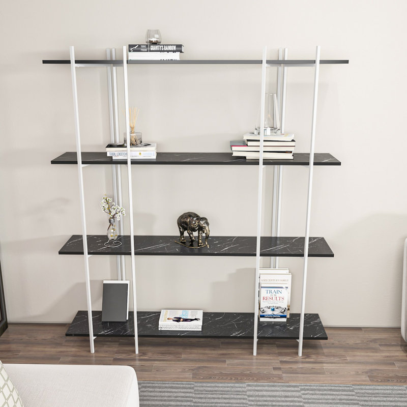 Bibliothèque moderne en marbre, 63,0 po x 70,9 po x 11,6 po | 100% panneau de particules enduit de mélamine, épaisseur: 0,7 pouce | Finition noire et blanche élégante, parfaite pour le rangement du bureau à domicile et du salon, durable et élégante
