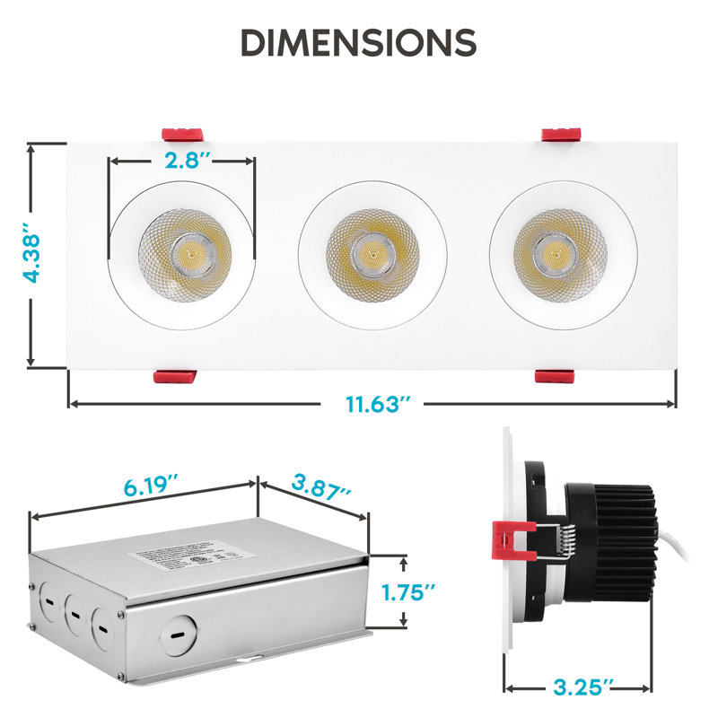 Luminaire encastré à DEL à triple tête réglable Luxrite 36W 5 couleurs sélectionnables 2100 lumens à intensité variable, homologué ETL