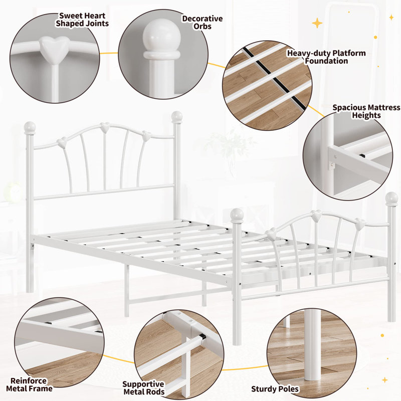 Twin Size Metal Platform Bed Frame For Girls, Twin Bed Frame With Headboard, White