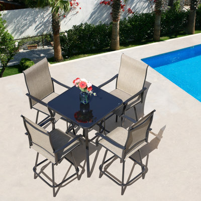 Sour Citrus 5-Piece Swivel Bar Height Dining Set, Metal Frame with Textilene Bar Stools, Tempered Glass Square Table, All-Weather for Patio, Deck, Poo