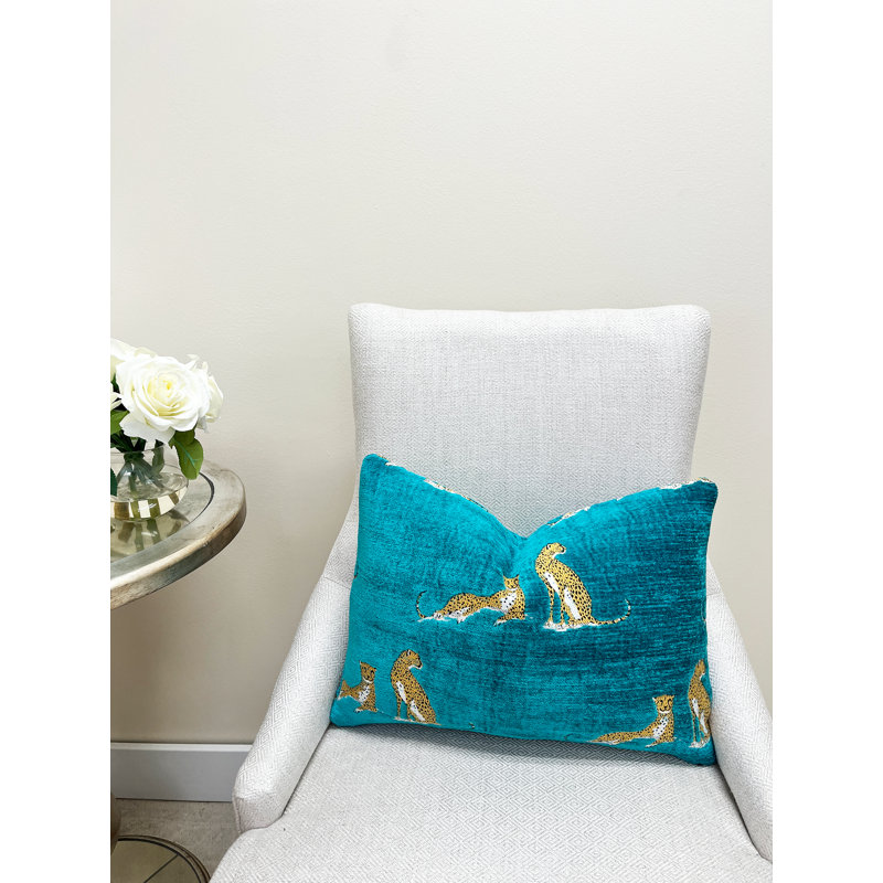 Chenille Embroidered Cheetah Lumbar Pillow Cover, Aqua