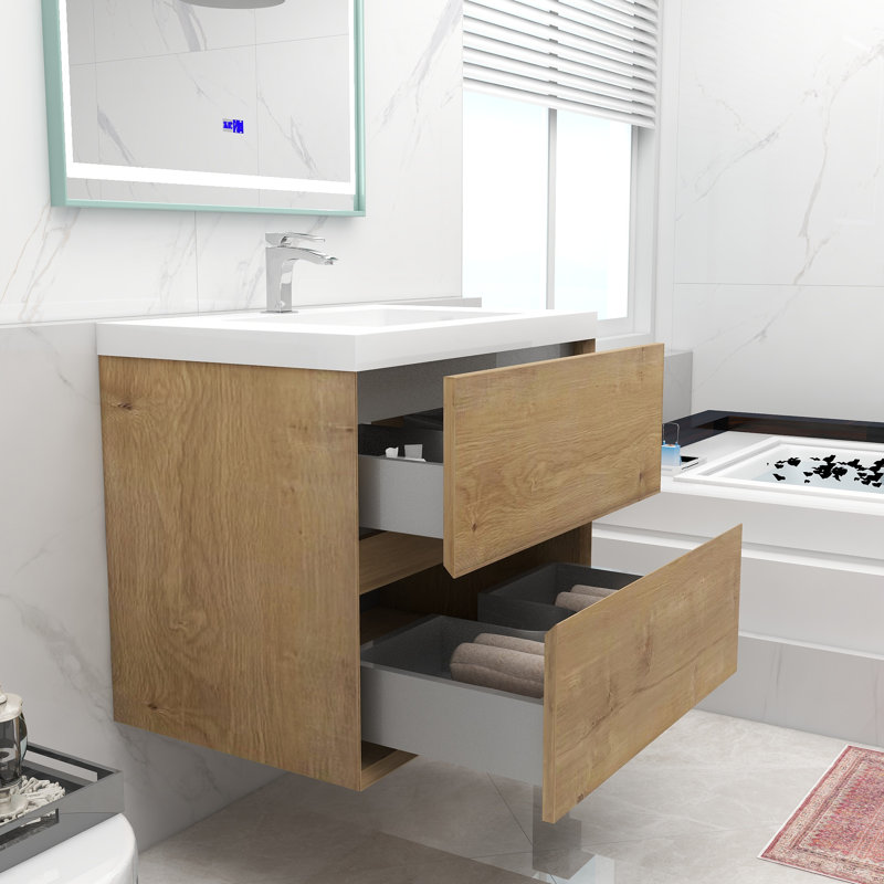 Ensemble de meuble-lavabo mural simple 30 po Korynn, Chêne foncé