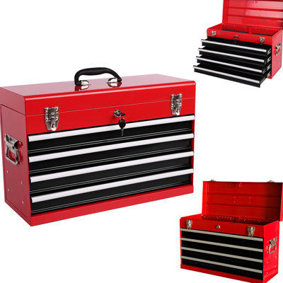21 - Inch Portable Tool Box With 4 Drawers, Bearing Tracks, Locking Feature, Liners, Red & Black Steel Organizer For Pilates Equipment Heavy Duty Metal Box, Padding, Chest Cycling Gear